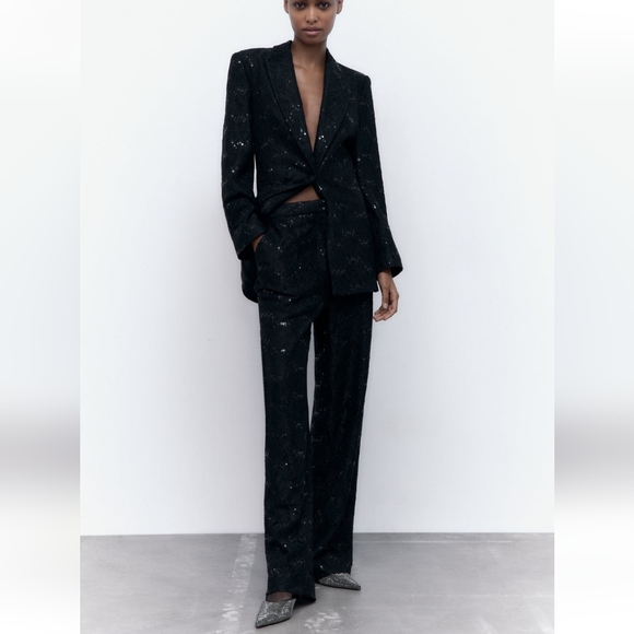 Zara * Limited Edition Black Lace Sequin High Waisted Wide Pants - Picture 12 of 14